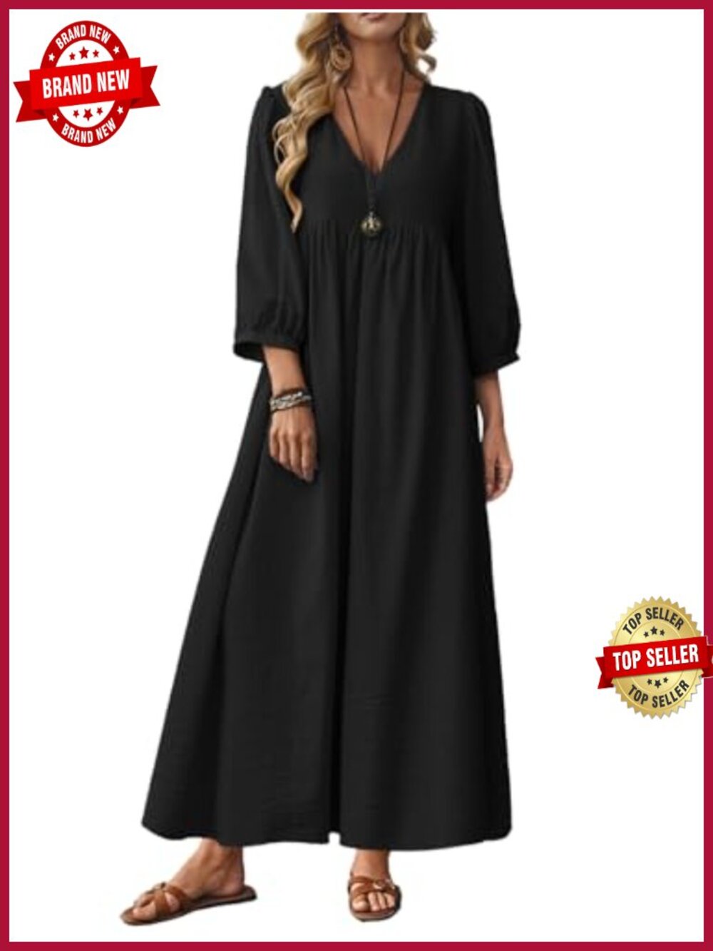 100% Cotton Maxi Dress Boho Loose Long Sleeve V-Neck